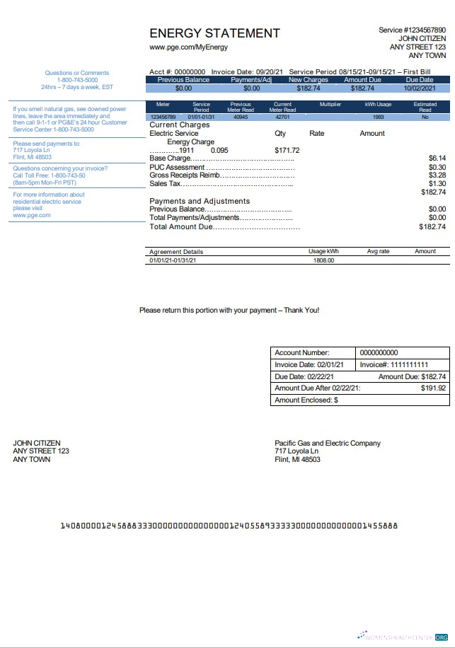 USA California PG&E (Pacific Gas and Electric Company) utility bill template in Word and PDF format, version 2